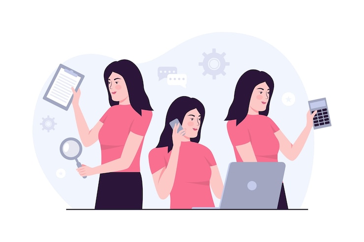 Kostenlose Vektor flache hand gezeichnete multitasking-geschäftsfrauillustration