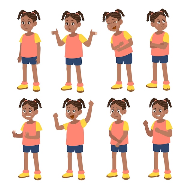 Flache Hand gezeichnetes schwarzes Mädchen in verschiedenen Posen