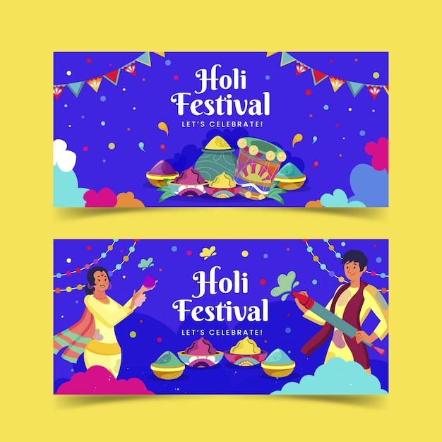 Kostenloser Vektor flache holi horizontale banner eingestellt