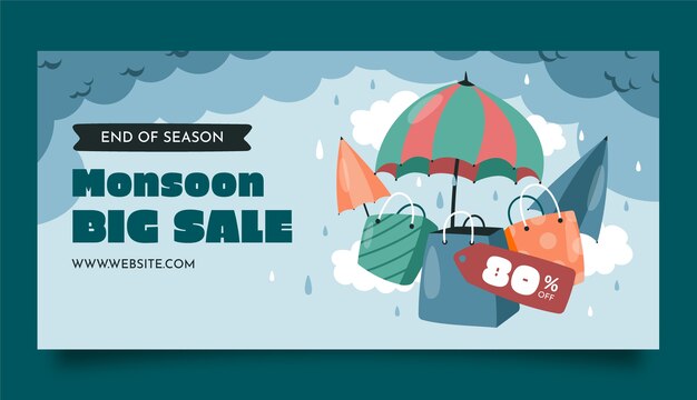 Flache horizontale Banner-Vorlage für den Verkauf der Monsunsaison mit Regenschirm und Einkaufstaschen