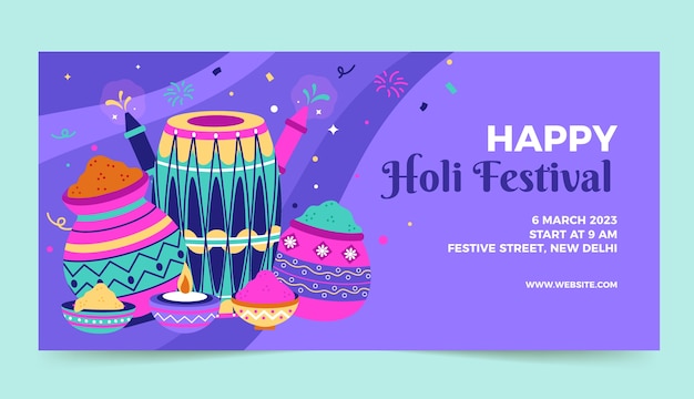 Kostenloser Vektor flache horizontale bannervorlage für das holi-festival