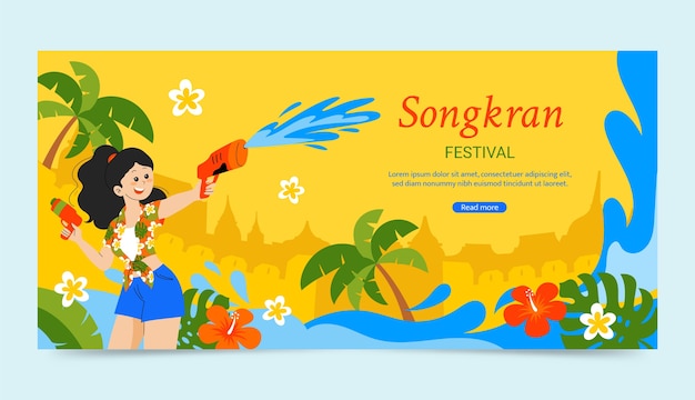 Flache horizontale bannervorlage für das songkran-wasserfestival