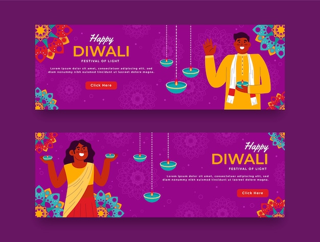 Flache horizontale bannervorlage für die feier des diwali-festes
