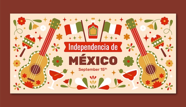 Kostenloser Vektor flache horizontale bannervorlage für die feier des mexikanischen unabhängigkeitstages
