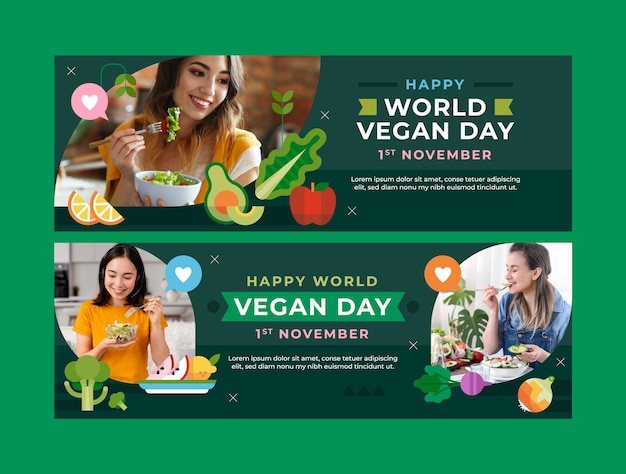 Kostenloser Vektor flache horizontale bannervorlage für die feier zum welt-vegan-tag