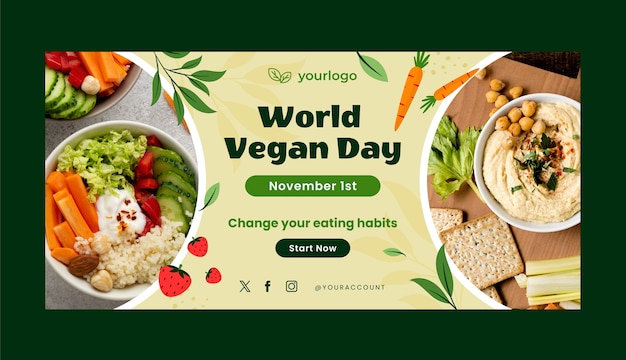 Kostenloser Vektor flache horizontale bannervorlage für die feier zum welt-vegan-tag