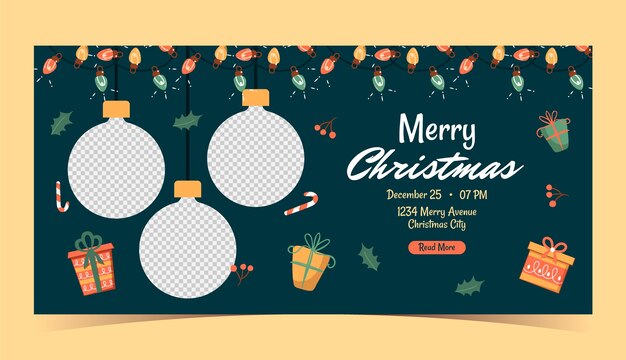 Flache horizontale Bannervorlage für die Weihnachtsfeier mit Ornamenten und Geschenken
