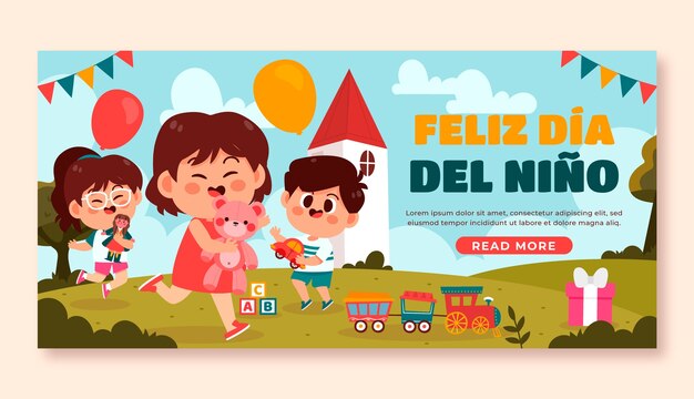Flache horizontale Bannervorlage für Kindertagsfeier auf Spanisch