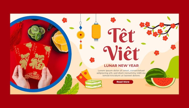 Kostenloser Vektor flache horizontale bannervorlage für tet-neujahrsfeiern