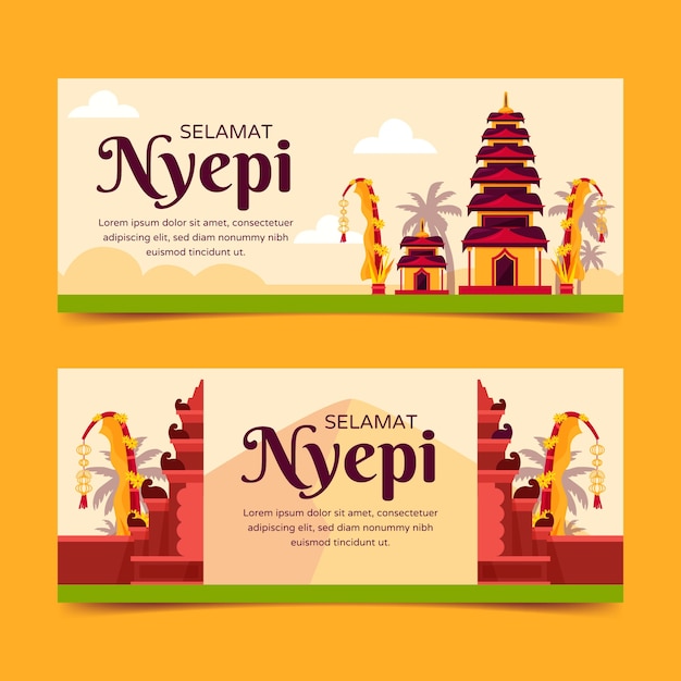 Kostenloser Vektor flache horizontale nyepi-banner gesetzt