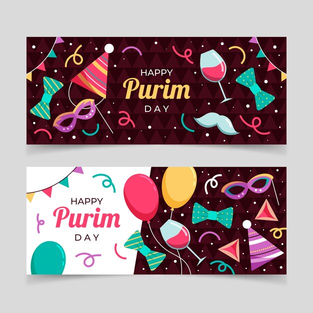 Kostenloser Vektor flache horizontale purim-banner-set