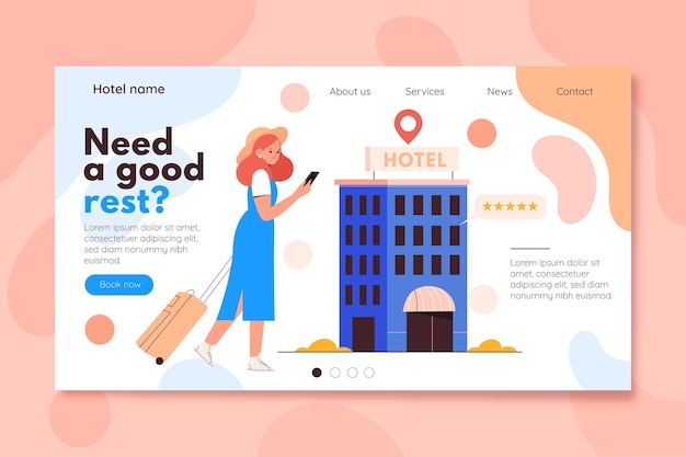 Kostenloser Vektor flache hotel-landingpage-vorlage mit abbildungen