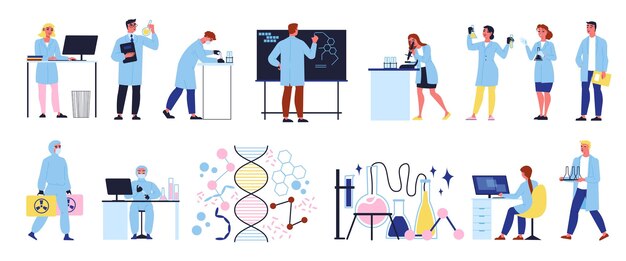 Flache Ikonen des wissenschaftlichen Labors, die mit Wissenschaftlern in der Uniform eingestellt werden, die Experimente machen, lokalisierte Vektorillustration