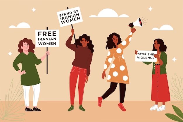 Flache illustration iranischer frauen, die für die freiheit protestieren