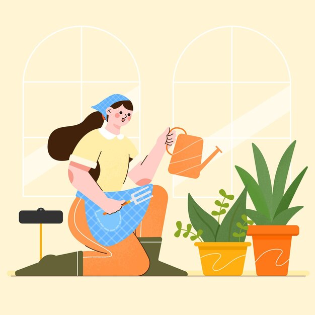 Flache Illustration von Menschen, die sich um Pflanzen kümmern