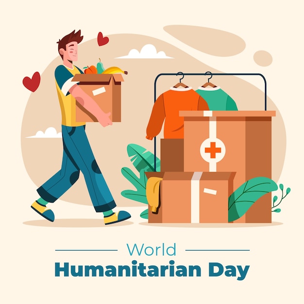 Flache illustration zum humanitären welttag mit einer person, die eine hilfsbox hält