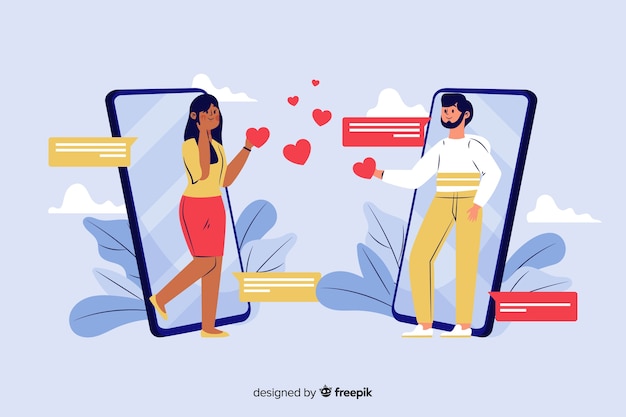 Flache Infografiken der Bekanntschaft von Mann und Frau im sozialen Netzwerk
