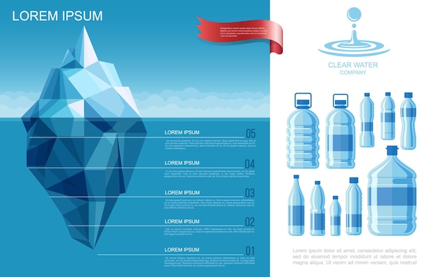 Flache Infografikschablone des reinen Wassers mit Eisberg im Ozean und Plastikflaschen des klaren Wassers