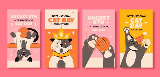 Flache instagram-geschichtensammlung für die feier des internationalen katzentages