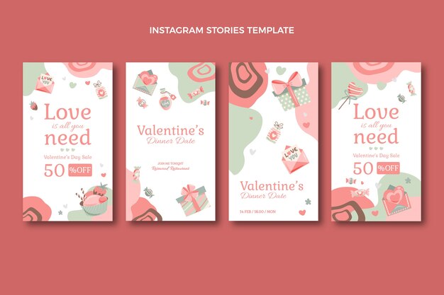 Kostenloser Vektor flache instagram-geschichtensammlung zum valentinstag