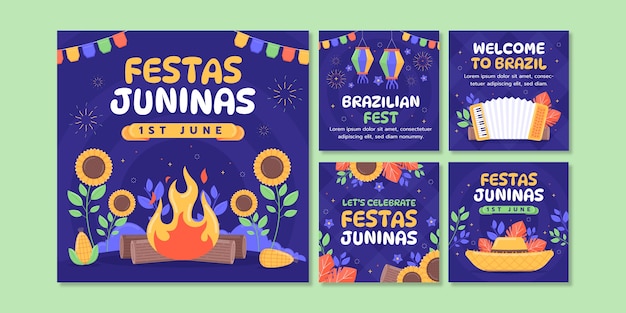 Kostenloser Vektor flache instagram posts sammlung für brasilianische festas juninas feierlichkeiten