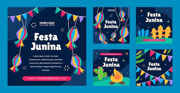 Kostenloser Vektor flache instagram posts sammlung für brasilianische festas juninas feierlichkeiten