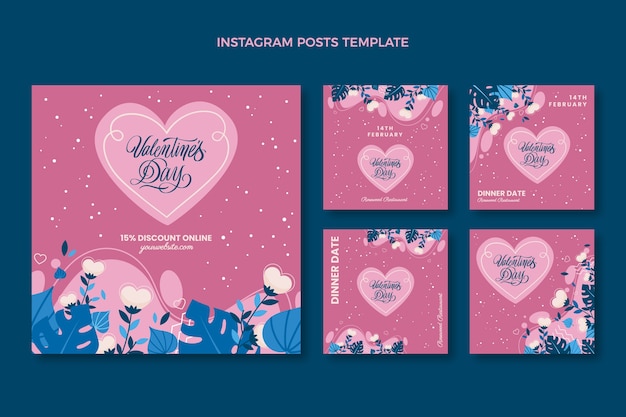 Kostenloser Vektor flache instagram-posts-sammlung zum valentinstag