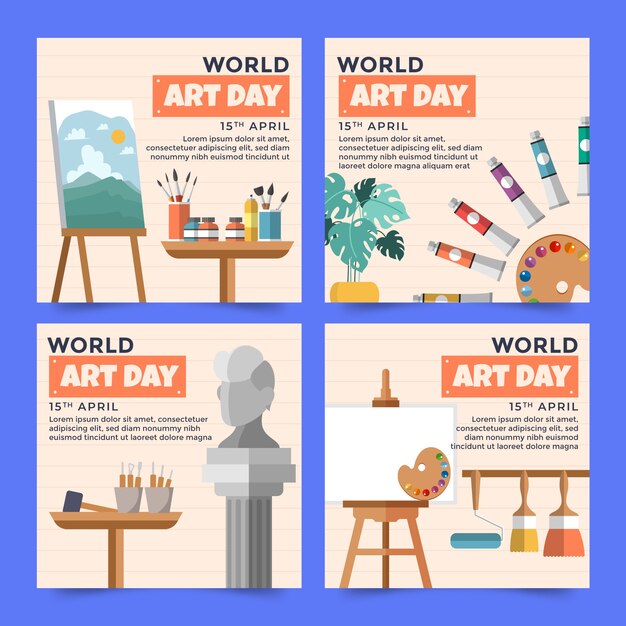 Flache Instagram-Posts-Sammlung zum Weltkunsttag