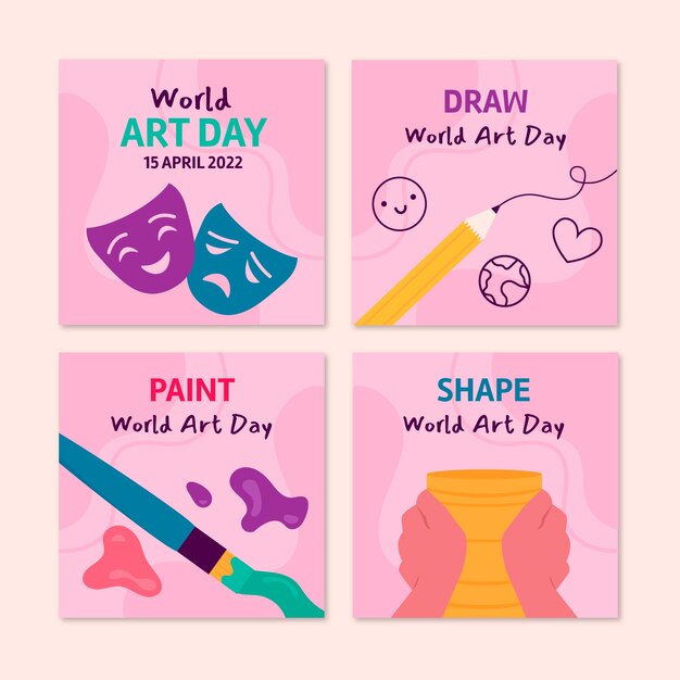 Flache Instagram-Posts-Sammlung zum Weltkunsttag