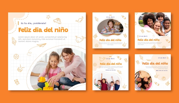 Flache instagram-postsammlung zum kindertag auf spanisch