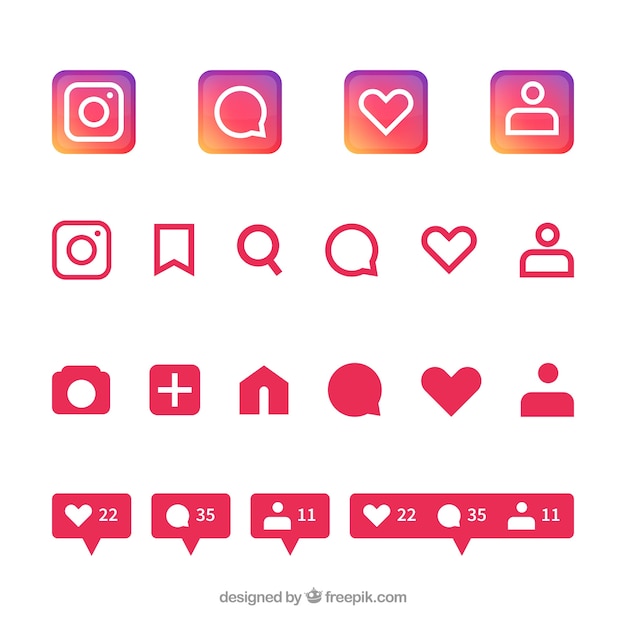 Kostenloser Vektor flache instagram-symbole und benachrichtigungen festgelegt