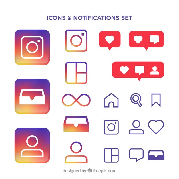 Flache Instagram-Symbole und Benachrichtigungen festgelegt