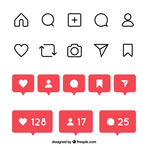 Flache Instagram-Symbole und Benachrichtigungen festgelegt