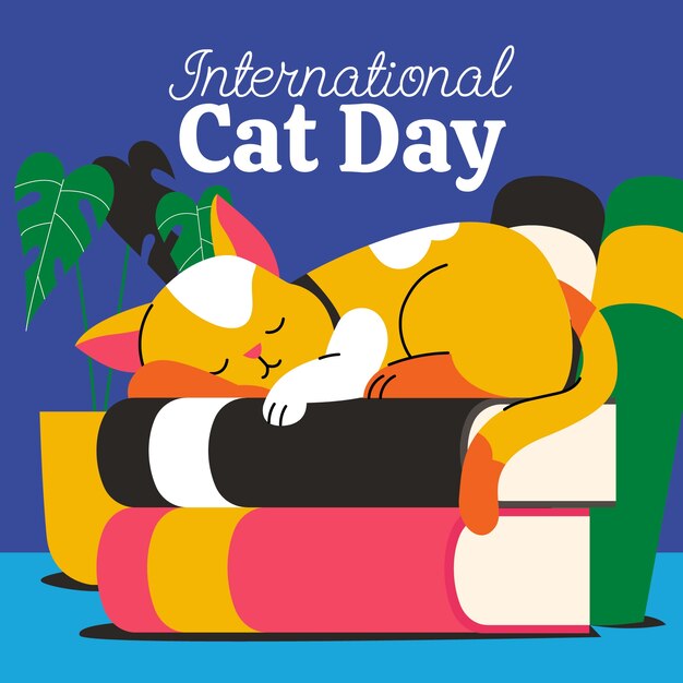 Flache internationale Katzentagesillustration mit der Katze, die auf Büchern schläft