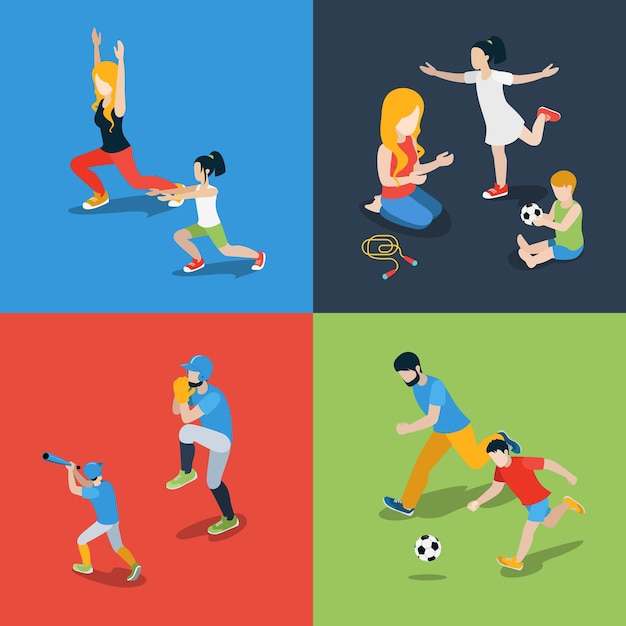 Flache isometrische hohe Qualität Familiensport spielen Elternzeit Icon Set. Mutter Tochter Sohn Vater Springseil Baseball Fußball Fußball tanzen. Bauen Sie Ihre eigene Weltsammlung auf.