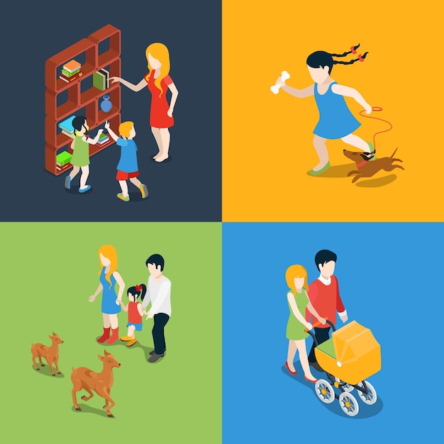 Flache isometrische hohe Qualität Familienurlaub Wochenende Abendzeit Icon Set. Mutter Tochter Sohn Vater Buch lesen Kinderwagen Spaziergang Spaziergang Hund Zoo besuchen. Bauen Sie Ihre eigene Weltsammlung auf.