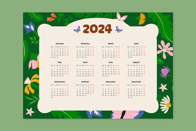 Flache kalendervorlage 2024