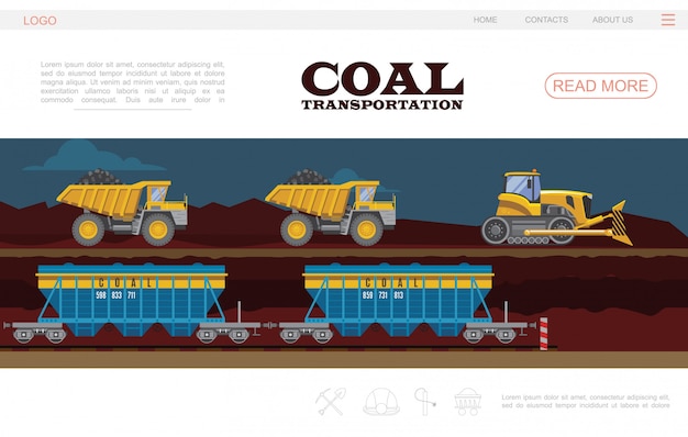 Flache kohletransport landingpage vorlage mit bulldozer muldenkippern und waggons