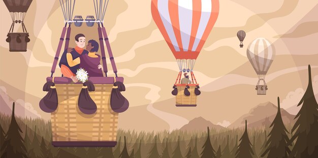 Flache Komposition des romantischen Paarballons mit romantischer Fahrt des Ballonfluges von zwei Liebenden