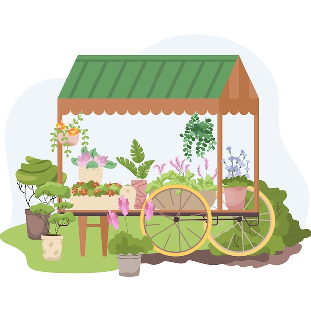 Flache komposition für den hausgartenbau mit blick auf den marktstand mit rädern, der exotische dekorative blumen in töpfen verkauft, vektorillustration