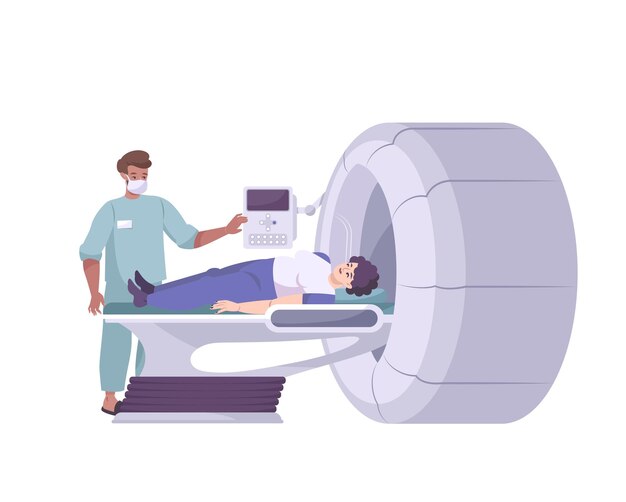 Flache Komposition mit Arzt und Patient auf Screening-Apparat-Illustration