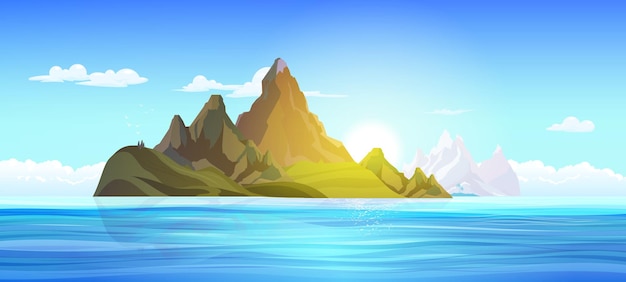 Flache Landschaft des blauen Meeres und der grünen Inseln mit Bergen im Hintergrund mit klarer Himmelsvektorillustration