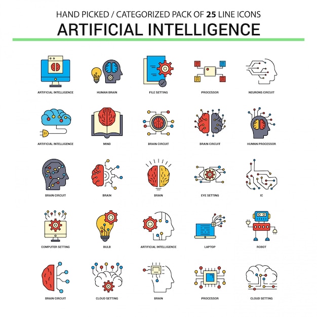 Flache Linie Ikone der künstlichen Intelligenz eingestellt - Geschäfts-Konzept-Ikonen-Design