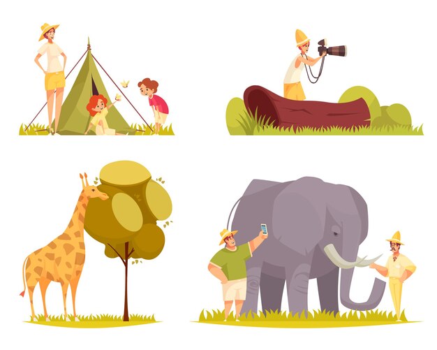 Flache lustige Kompositionen des Safari-Reisekonzepts mit Giraffenfressbaum verlässt die Familie außerhalb des Zeltes