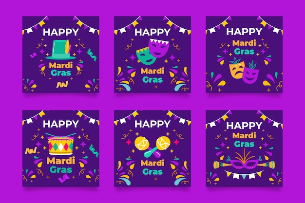 Kostenloser Vektor flache mardi gras instagram posts sammlung