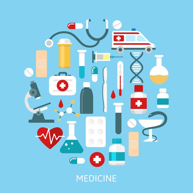 Flache Medizin Runde Symbolsatz