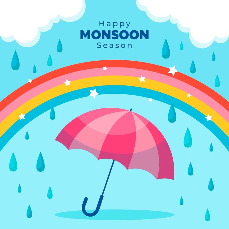 Kostenlose Vektor flache monsunzeitillustration mit regenschirm und regenbogen