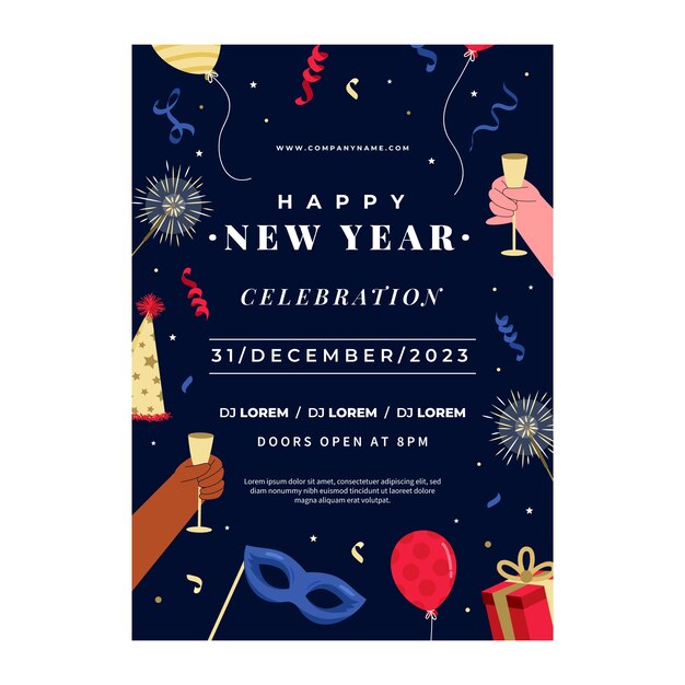 Flache Neujahrsfeier vertikale Plakatvorlage