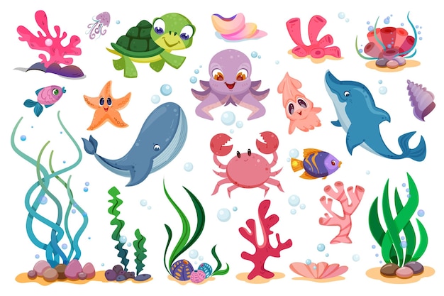 Flache niedliche unterwasser-meerestiere meerespflanzen und fische