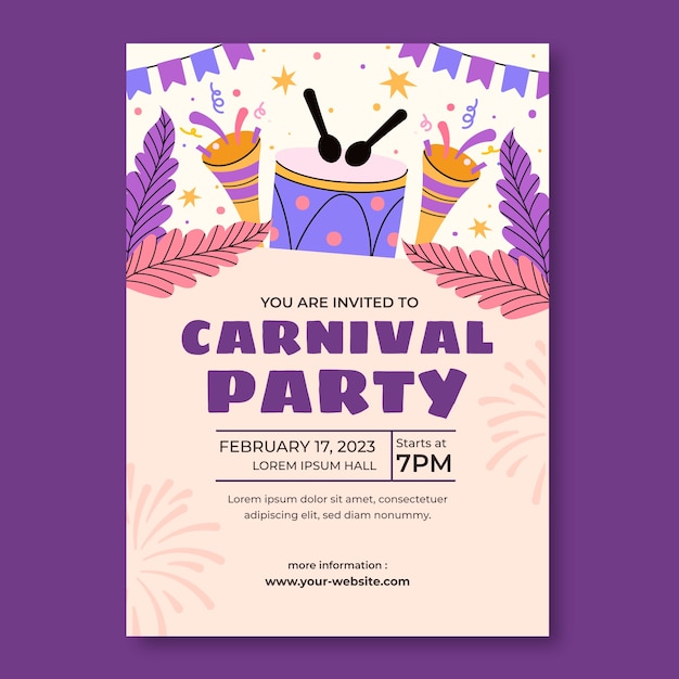Kostenloser Vektor flache party-einladungsvorlage für karnevalsfeiern
